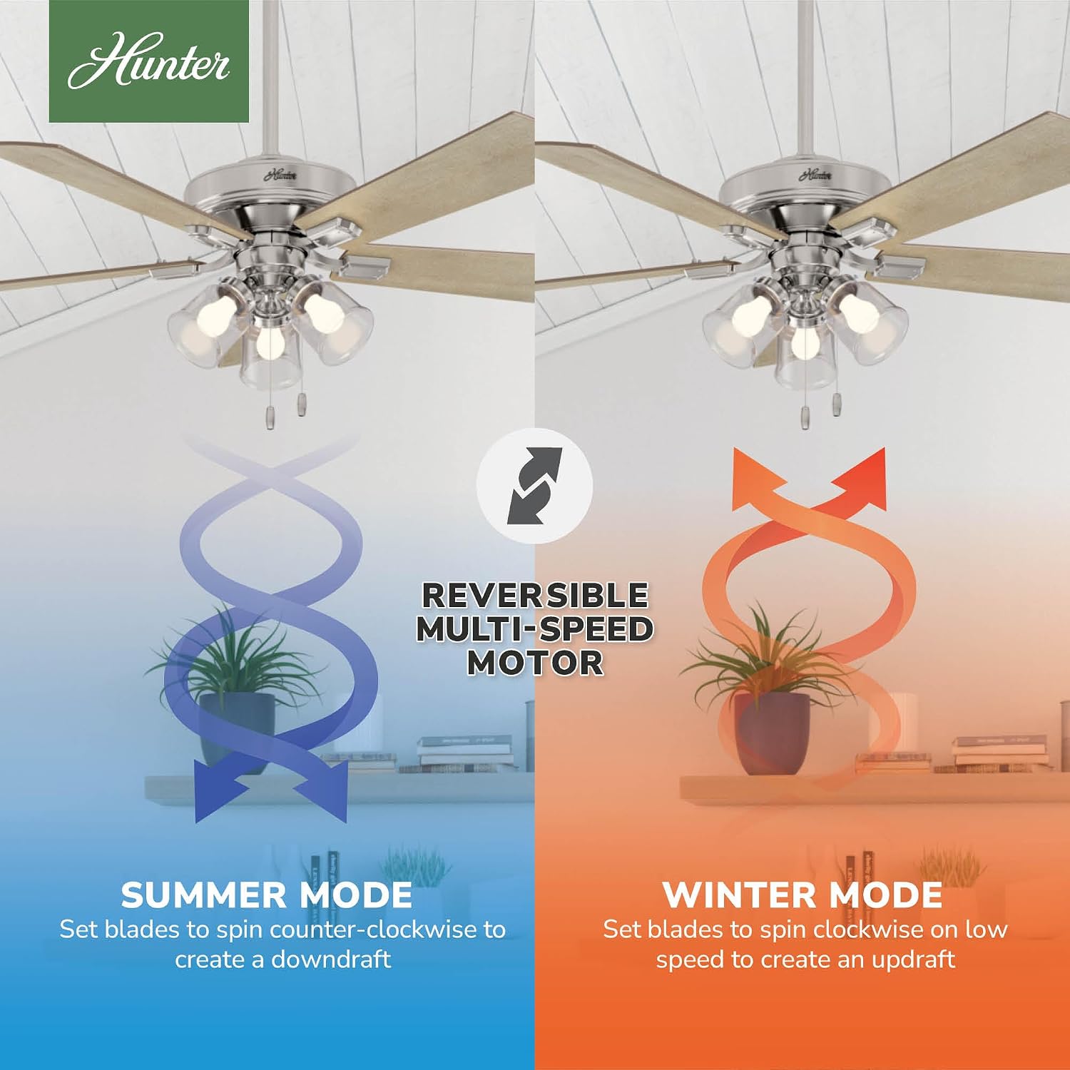 Hunter 52 inch Indoor Ceiling Fan with LED Lights and Pull Chain - Standard Mount Ceiling Fan, 5 Blades, For Bedroom, Living Room, or Kitchen, 3 inch Downrod - Crestfield 54206, Brushed Nickel