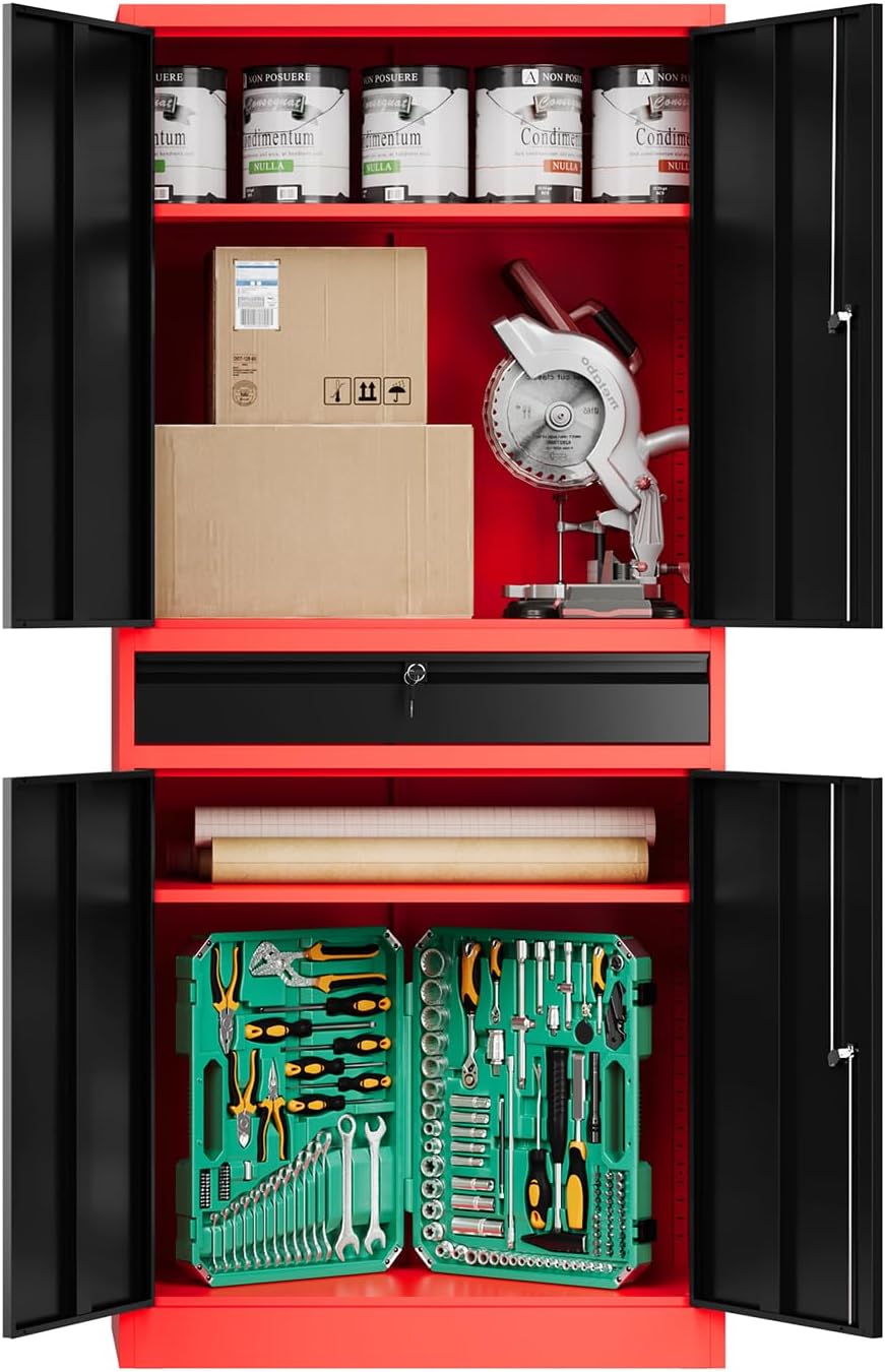 Fesbos 71' Metal Cabinet-Black&Gray Heavy Duty Storage File Cabinet Steel Tool Cabinets with Shelves, Lockable Doors and Drawers- for Garage, Pantry, Warehouse - Assembly Required