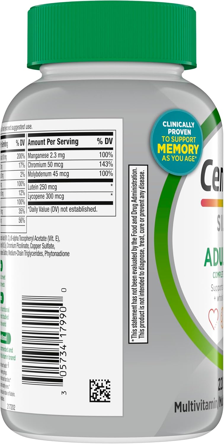 Centrum Silver Multivitamin for Adults 50 Plus, Multivitamin/Multimineral Supplement, Vitamin D3, B Vitamins, Gluten Free, Non-GMO Ingredients, Supports Memory and Cognition in Older Adults - 220 Ct