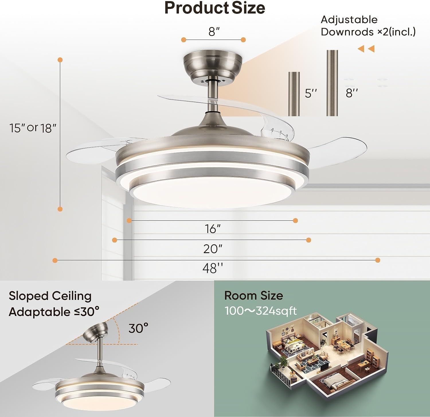 FIDGRA 48 Inch Fandelier Ceiling Fan with Light, Retractable Ceiling Fan with Lights for Bedroom Living Room Dinning Room, Chandelier with Fan 6 Speed, 3 Color Temperature-Brushed Nickel