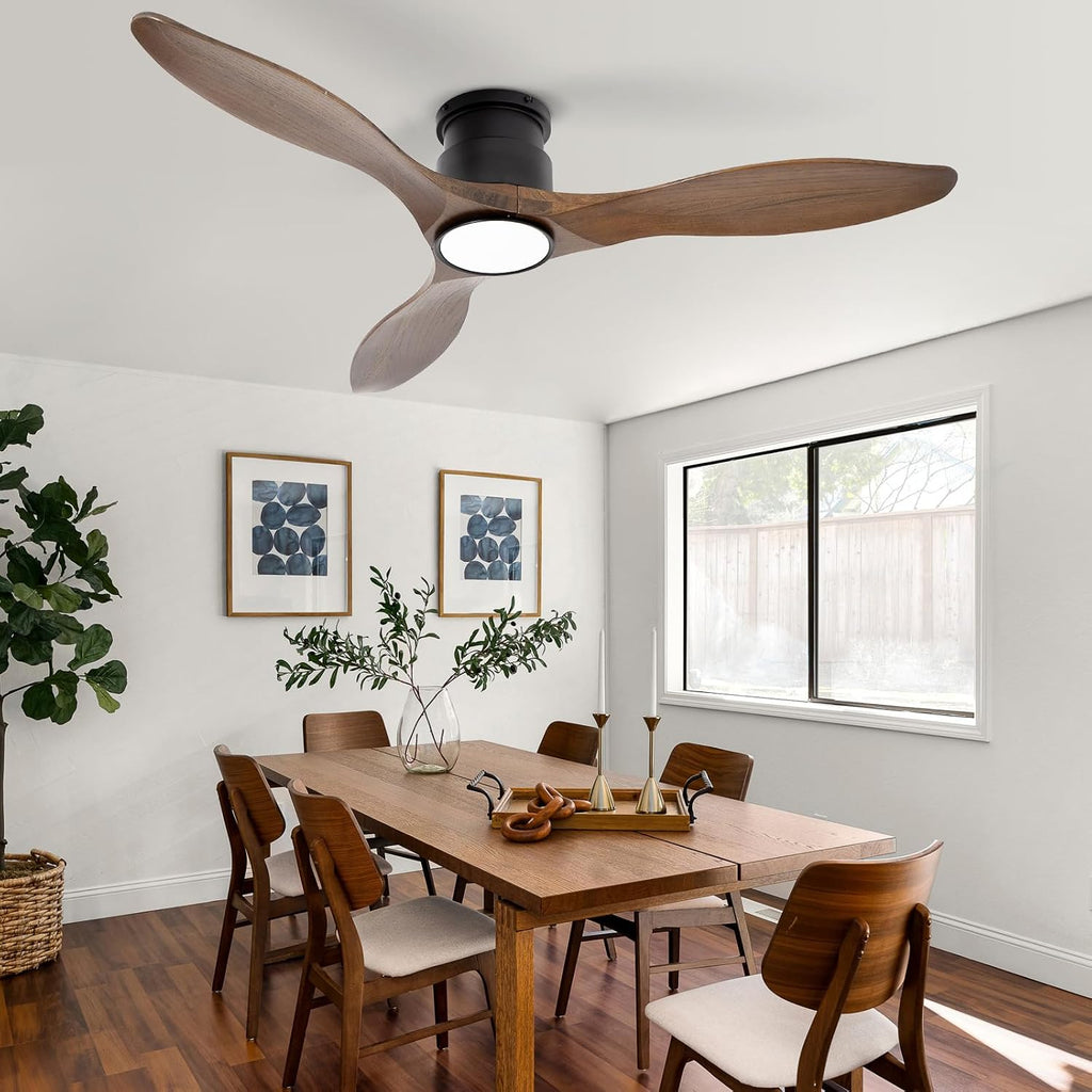52'' Ceiling Fan with Lights and Remote, 3 Blade Amber Wood Low Profile Flush Mount Ceiling Fan Indoor, Reversible 6 Speeds Dimmable LED Light Fan for Bedroom Living Room Farmhouse