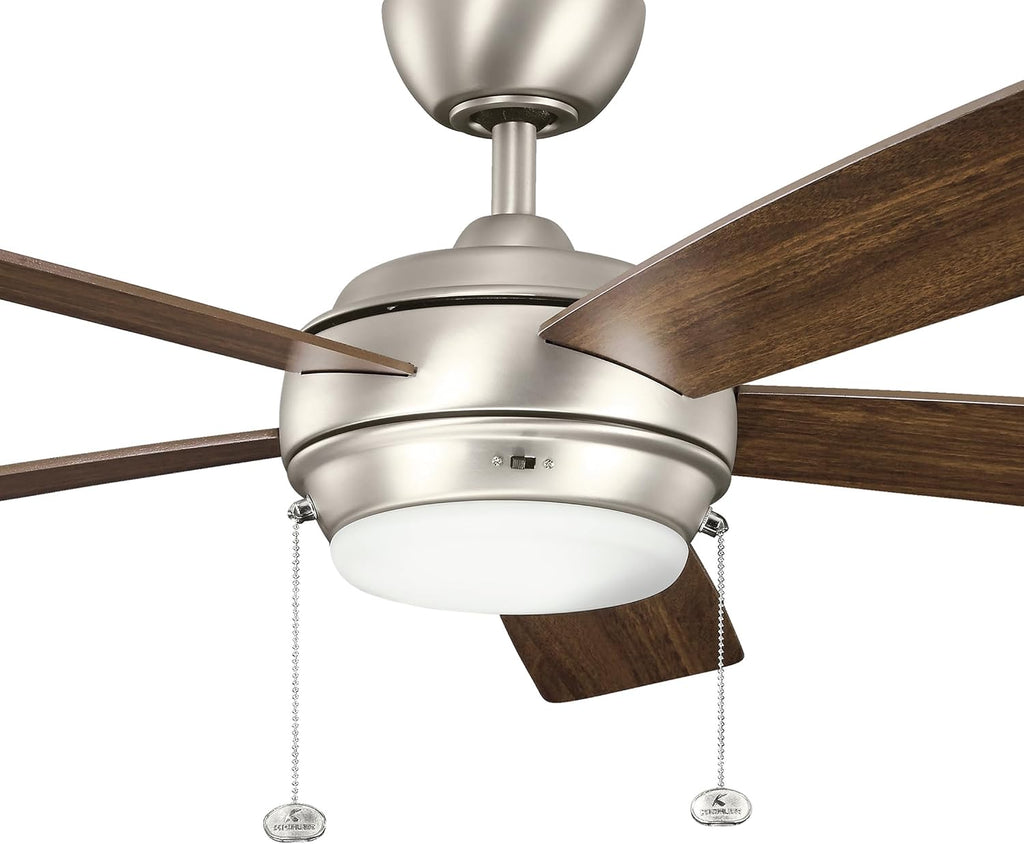 Kichler Starkk 52' Ceiling Fan with LED Lights in Brushed Nickel, 5-Blade Traditional Fan with reversible Silver/Walnut blades, 3000K, (52' W x 13.75' H), 330174NI