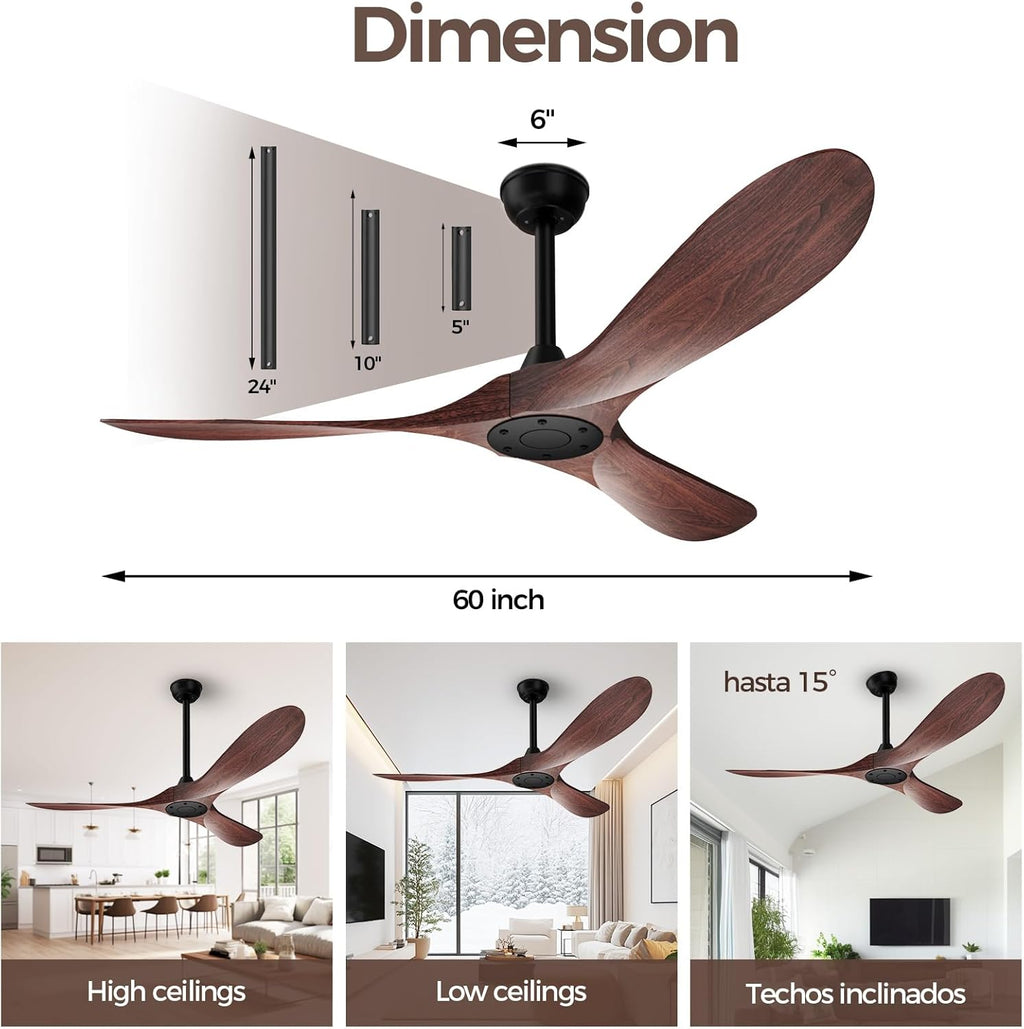 Obabala 52 Inch Ceiling Fan Without Lights, Walnut Finish | Outdoor Ceiling Fan with Remote, 6-Speed Adjustable Reversible DC Motor for Patio & Living Room