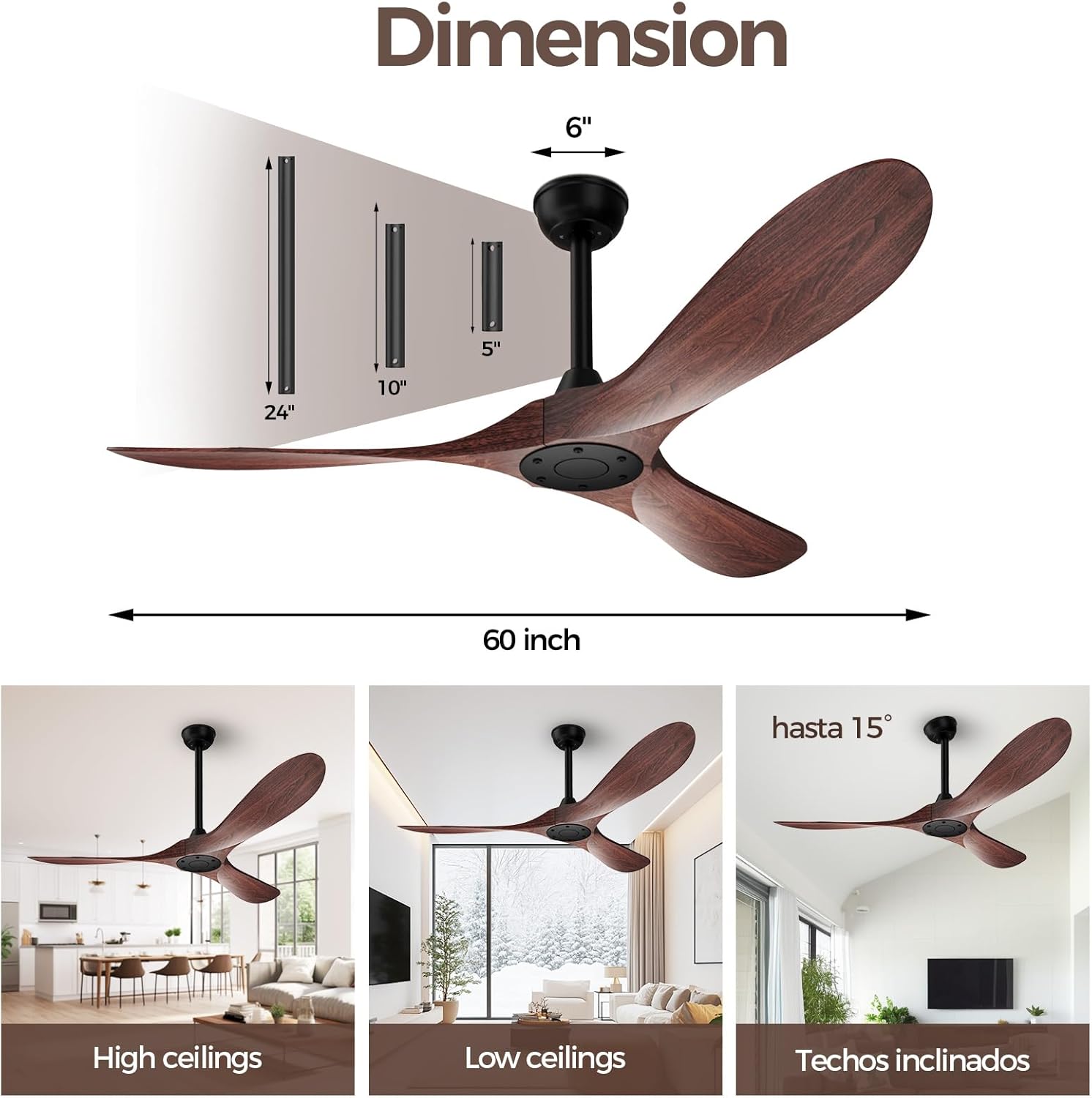 Obabala 52 Inch Ceiling Fan Without Lights, Walnut Finish | Outdoor Ceiling Fan with Remote, 6-Speed Adjustable Reversible DC Motor for Patio & Living Room