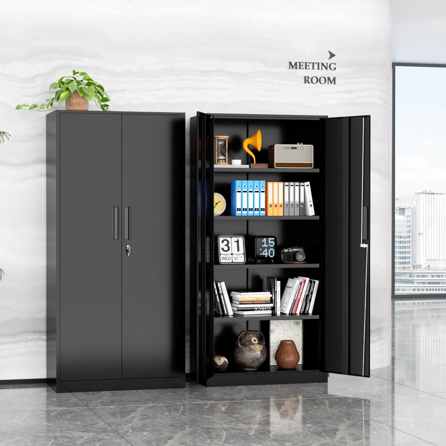 SUNCROWN Metal Garage Storage Cabinet, 72' Locking Steel Garage Cabinets with 2 Door and 4 Adjustable Shelves, Tall Metal Tool Cabinets for Home Office, Garage, School, (Black)