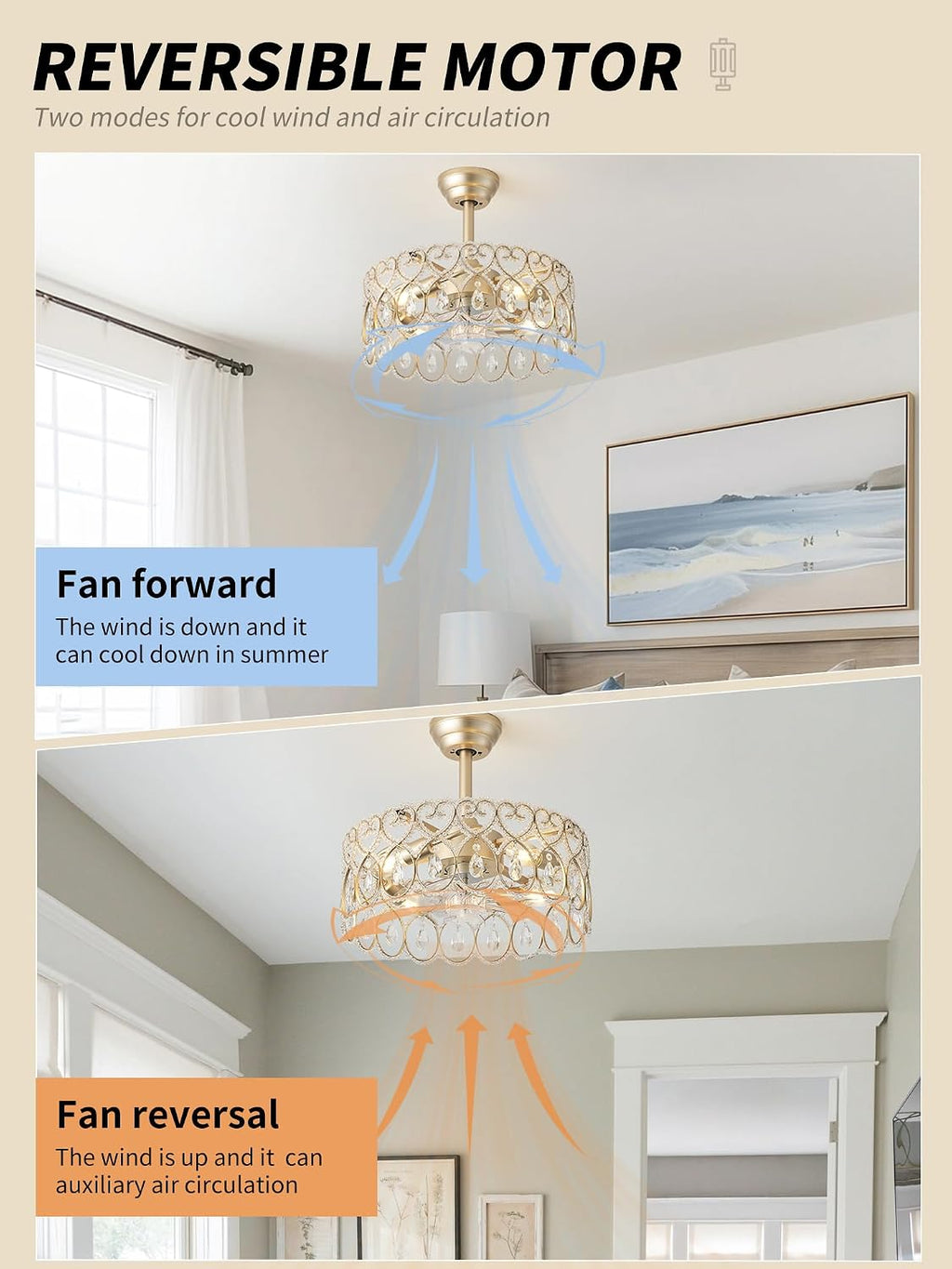 SYDACG 20' Gold Crystal Fandelier Ceiling Fans with Lights, Gold Chandelier Ceiling Fan with Light Remote Control, Mid-Century Modern Caged 6 Speeds for Bedroom, Nursery, Foyer, Living Room