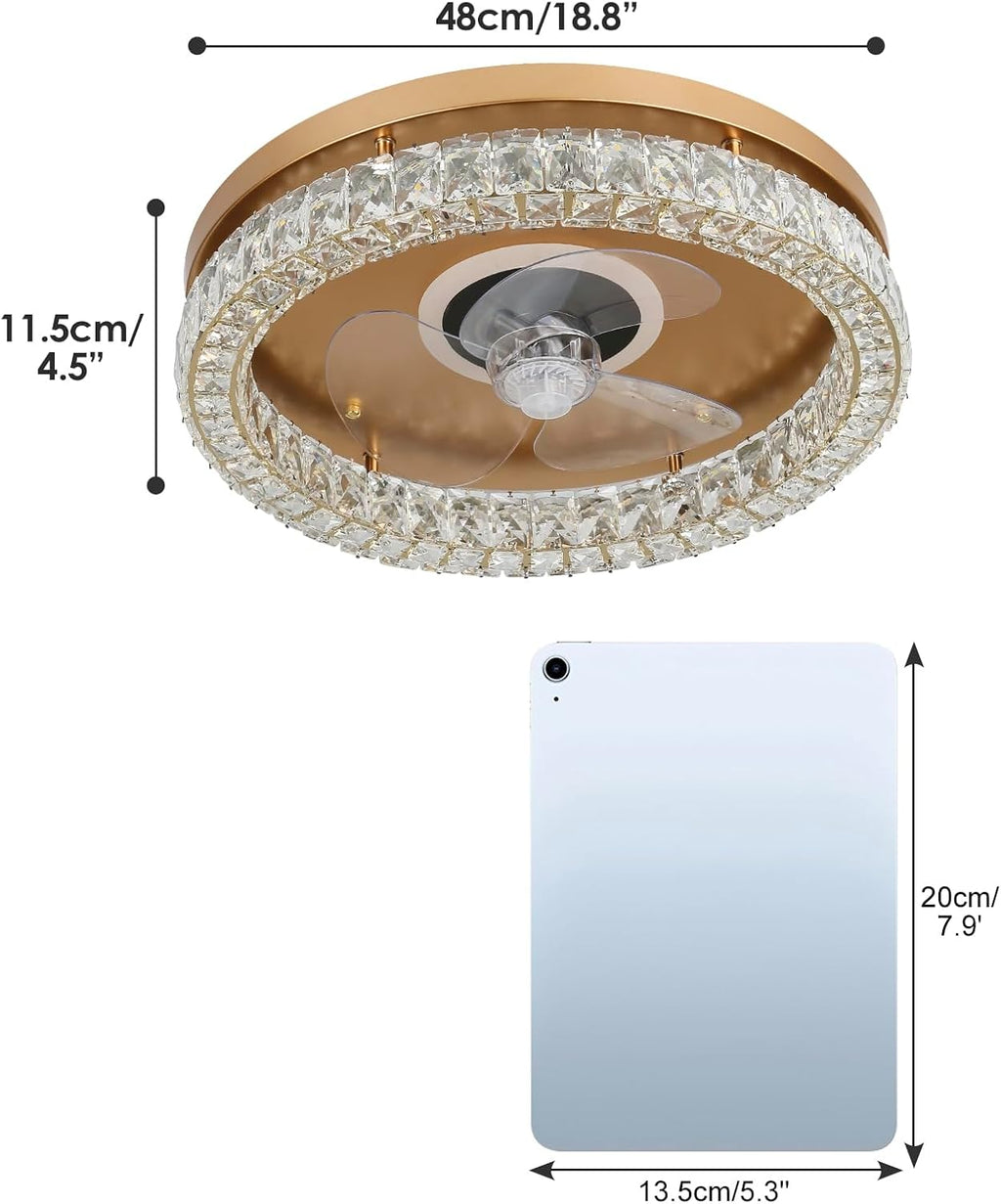 CLAIRDAI Crystal Ceiling Fans with Lights Flush Mount Ceiling Fan with Remotel Control Dimmable LED Low Profile Ceiling Fan 6 Speeds Reversible Blades Timing with Remote Control Gold