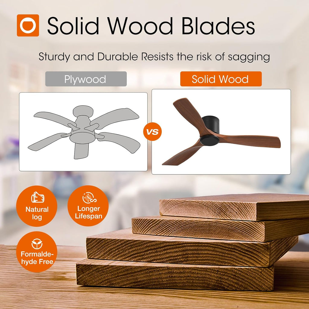 addlon 2 Pack 52 inch Ceiling Fans No Lights, Black Low Profile Ceiling Fan with Remote Control, Flush Mount, Reversible, 3 Wood Blades, 6 Speeds, Noiseless, Wood Ceiling Fan for Indoor/Outdoor Use