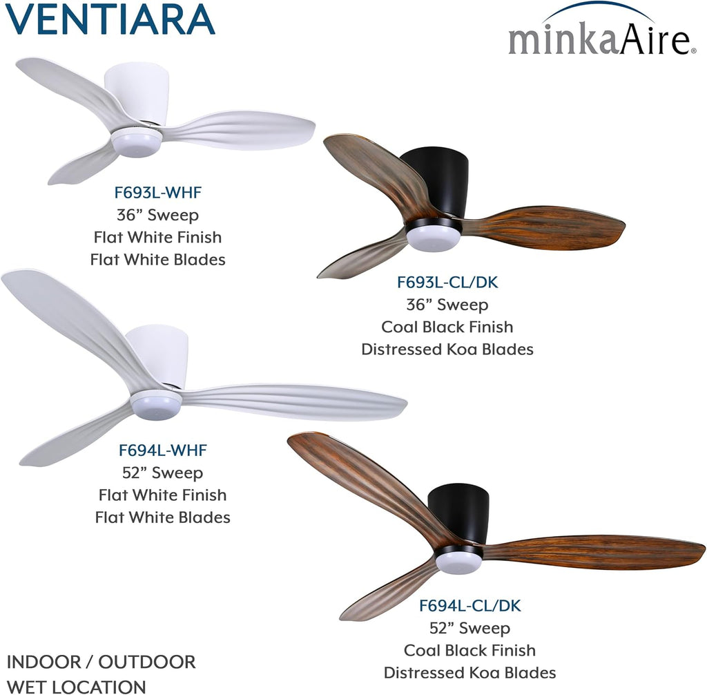 MINKA-AIRE F693L-CL/DK Ventiara 36' 3-Blade LED Flush Mount Indoor/Outdoor Ceiling Fan in Coal Black and Distressed Koa Finish Blades with Etched Lens