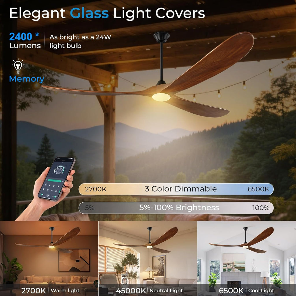 72 inch Outdoor Ceiling Fan with Lights-Glass Lamp, Large Damp Rated Wood Propeller Blades for Big Patios & Porch, Smart APP and Remote Control, 3 Blades Dimmable LED Ceiling Fans, High CFM-Walnut