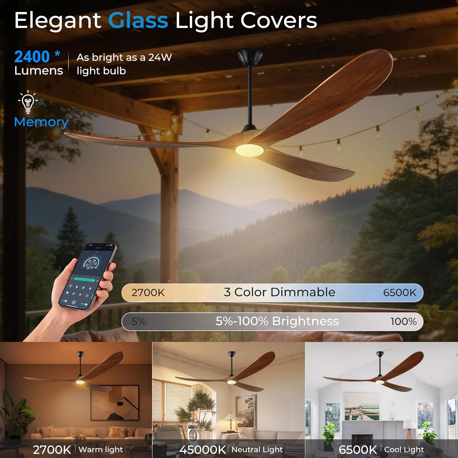 72 inch Outdoor Ceiling Fan with Lights-Glass Lamp, Large Damp Rated Wood Propeller Blades for Big Patios & Porch, Smart APP and Remote Control, 3 Blades Dimmable LED Ceiling Fans, High CFM-Walnut