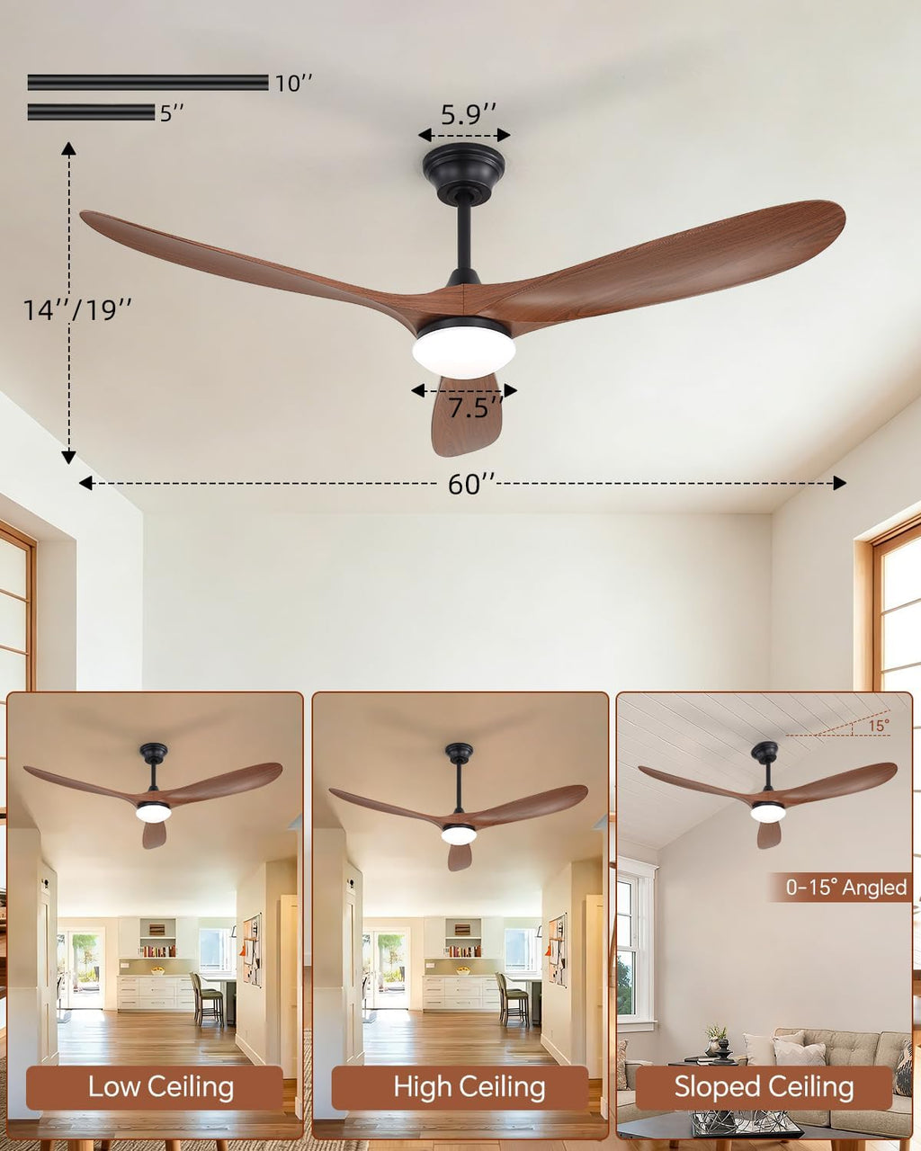 Sofucor 60 Inch Smart Ceiling Fans with Lights-Outdoor Modern Smart Ceiling Fan with Alexa/Google/APP/Remote Control, Reversible Quiet DC Motor, ABS Blade Ceiling Fan for Living Room/Farmhouse/Patios