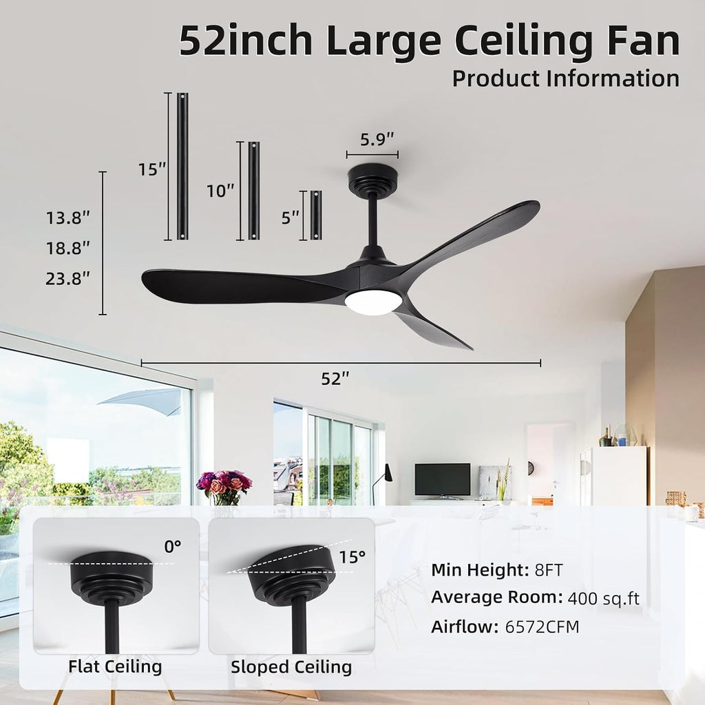 52' Outdoor Ceiling Fan with Light and Remote via WiFi Alexa, 3 Black Solid Wood Blade, Noiseless Reversible Dc Motor, Smart Outdoor Wood Ceiling Fan for Farmhouse Patios, Black