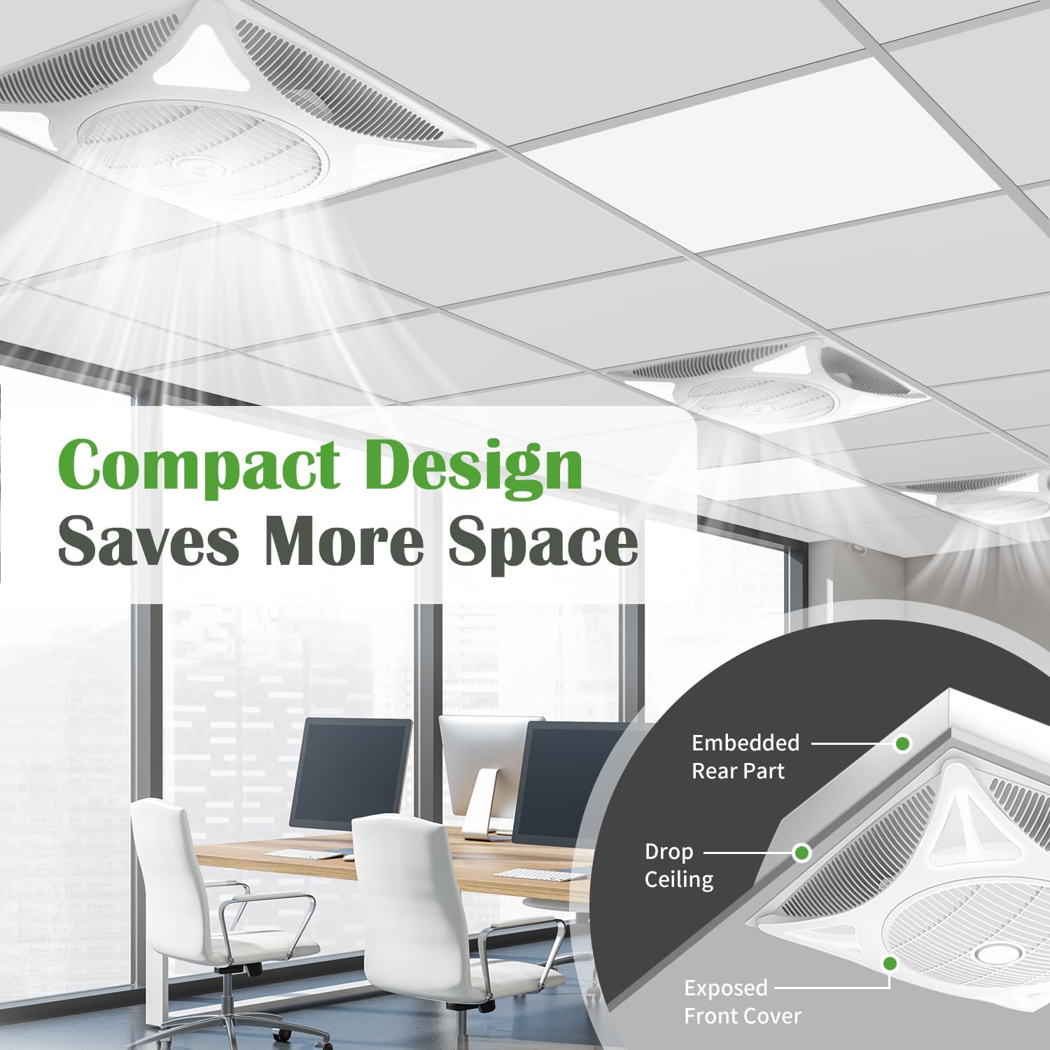 Drop Ceiling Fan with LED Lights, Flush Mount Ceiling Fans with 6 Wind Speeds and Timer, Low Profile Square Fan for Office Ventilation and Lighting