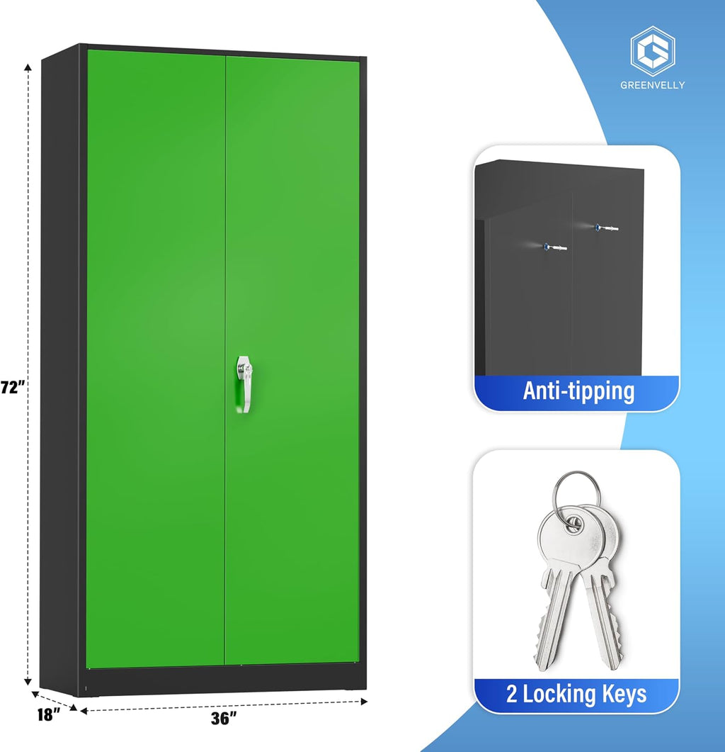 Greenvelly Metal Storage Cabinet with Doors and Shelves, 72' Inch Locking Metal Cabinet,Garage Storage Cabinet for Garage Office School Warehouse (Black Green)