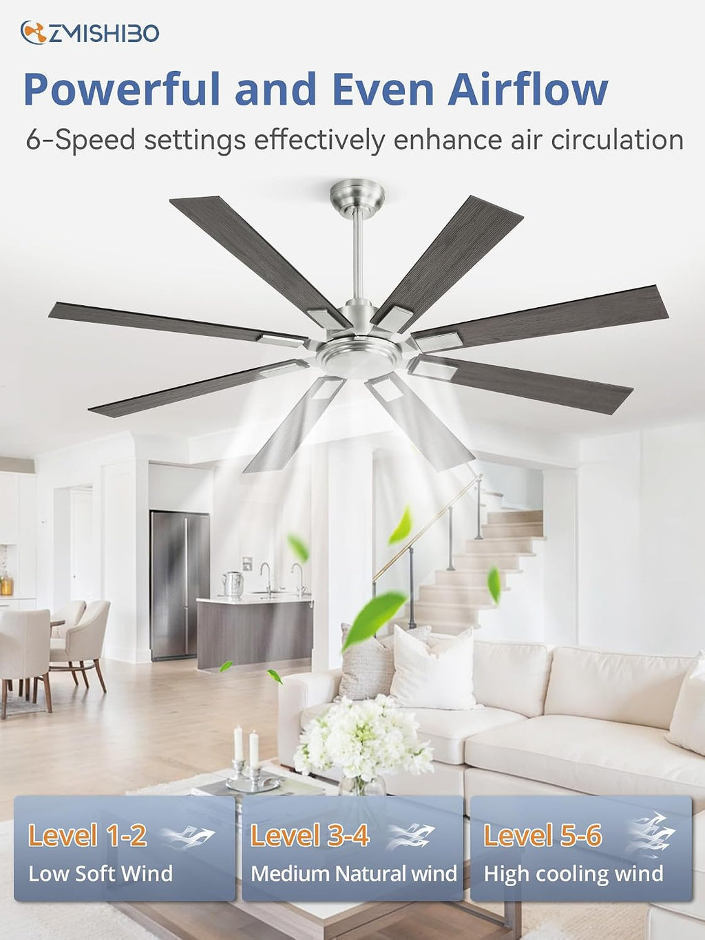 ZMISHIBO 62 Inch Ceiling Fans without Light, Brushed Nickel Modern Ceiling Fan no Lights, Quiet Reversible DC Motor, 6-Speeds, Outdoor Ceiling Fans for Patios, Living Room, Bedroom, Indoor/Outdoor Use