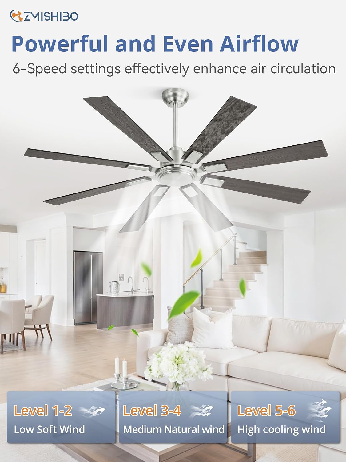 ZMISHIBO 62 Inch Ceiling Fans without Light, Brushed Nickel Modern Ceiling Fan no Lights, Quiet Reversible DC Motor, 6-Speeds, Outdoor Ceiling Fans for Patios, Living Room, Bedroom, Indoor/Outdoor Use