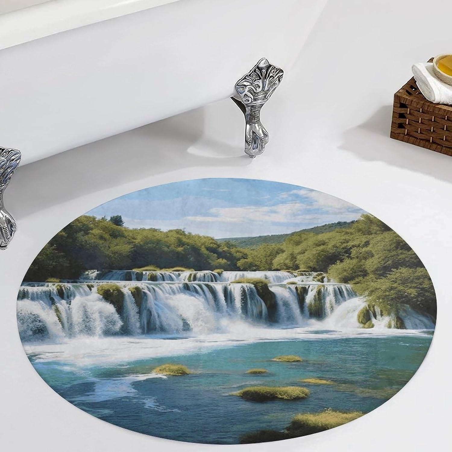 Waterfalls on Krka River Coral Velvet Round Floor Mat Non-Slip Bath Rug Floor Covering for Bathroom Vanity Guest Suite & Vacation Home