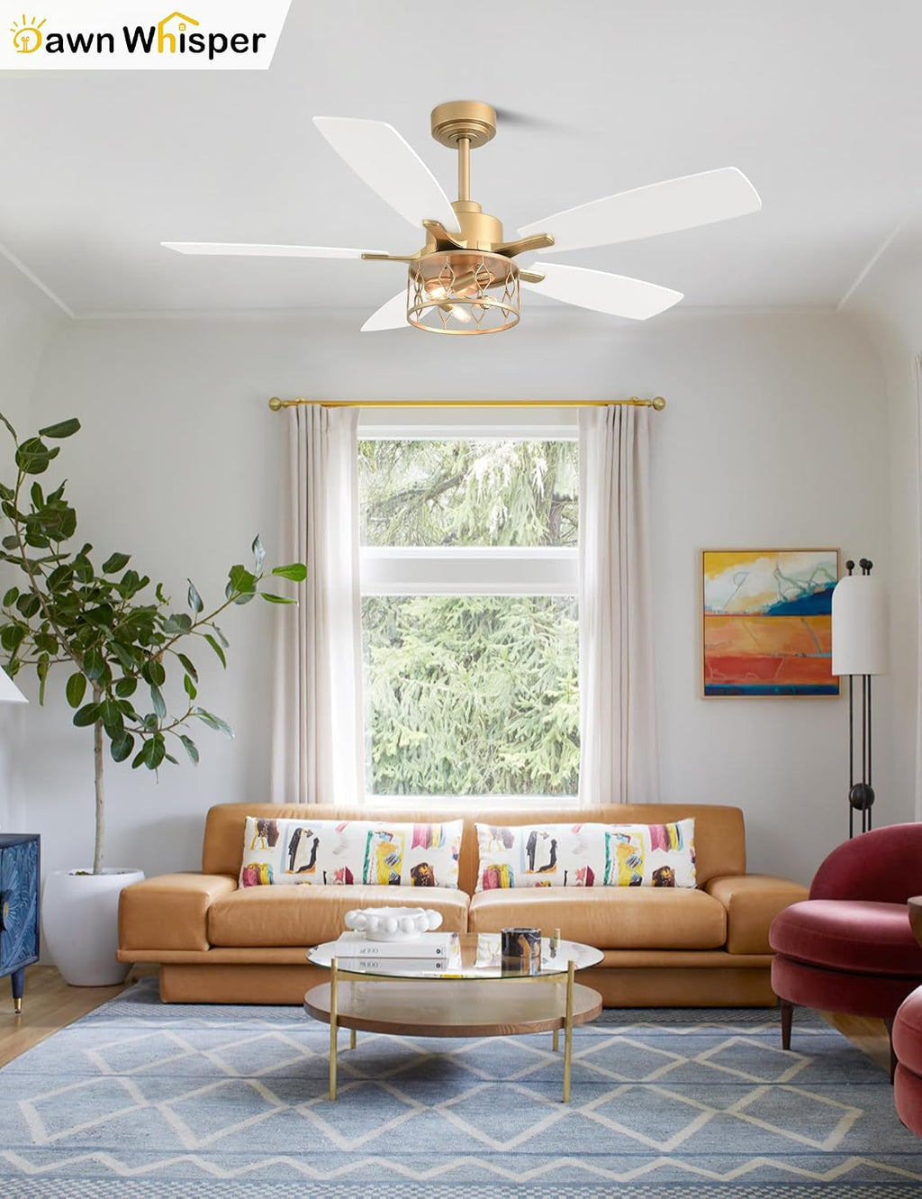 Dawn Whisper 52 Inch Modern Farmhouse Ceiling Fans with Lights White and Gold Industrial Rustic Caged Ceiling Fan for Bedroom Living Room Quiet and Reversible DC Motor