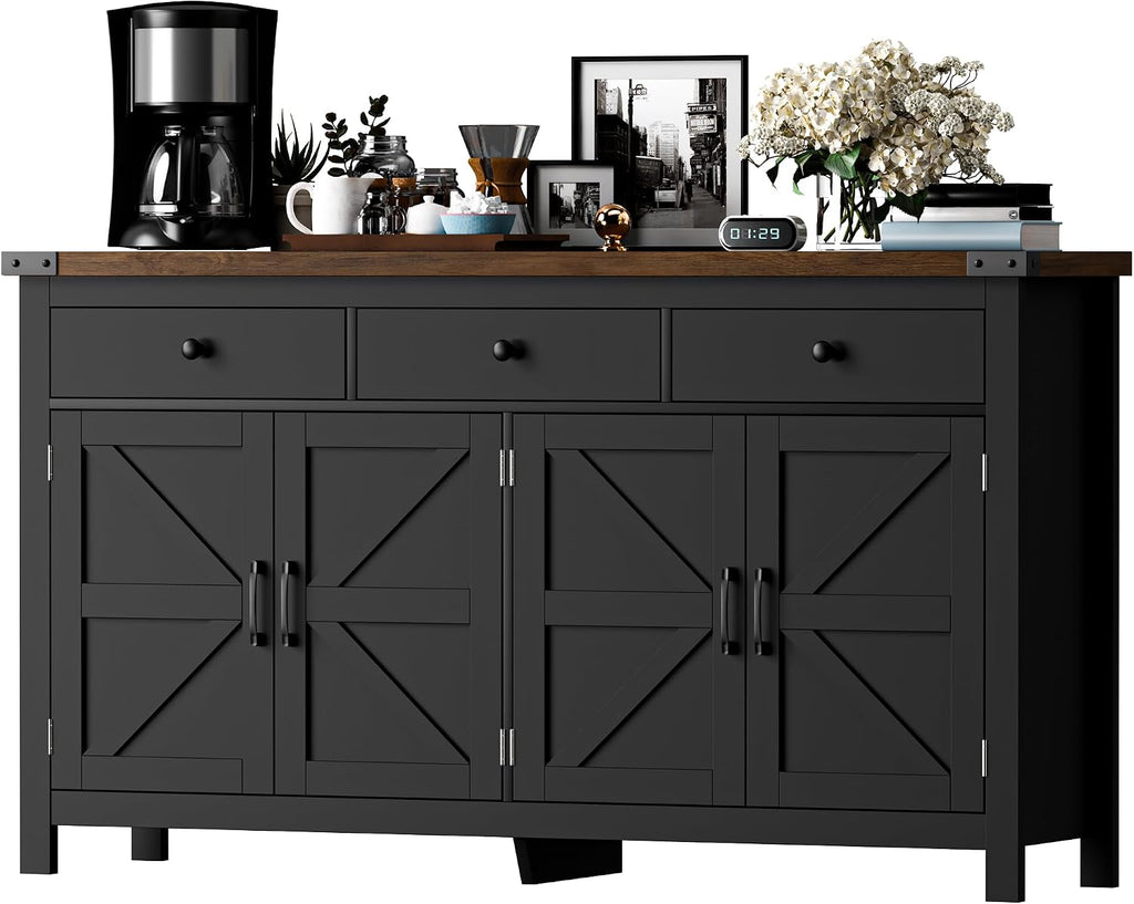 VVFLU 63' Sideboard Buffet Cabinet with Storage, Coffee Bar with 3 Drawers and 4 Barn Doors, Long Wider Storage Cabinet Modern Farmhouse, for Kitchen, Dining Room, Living Room, Black Wood