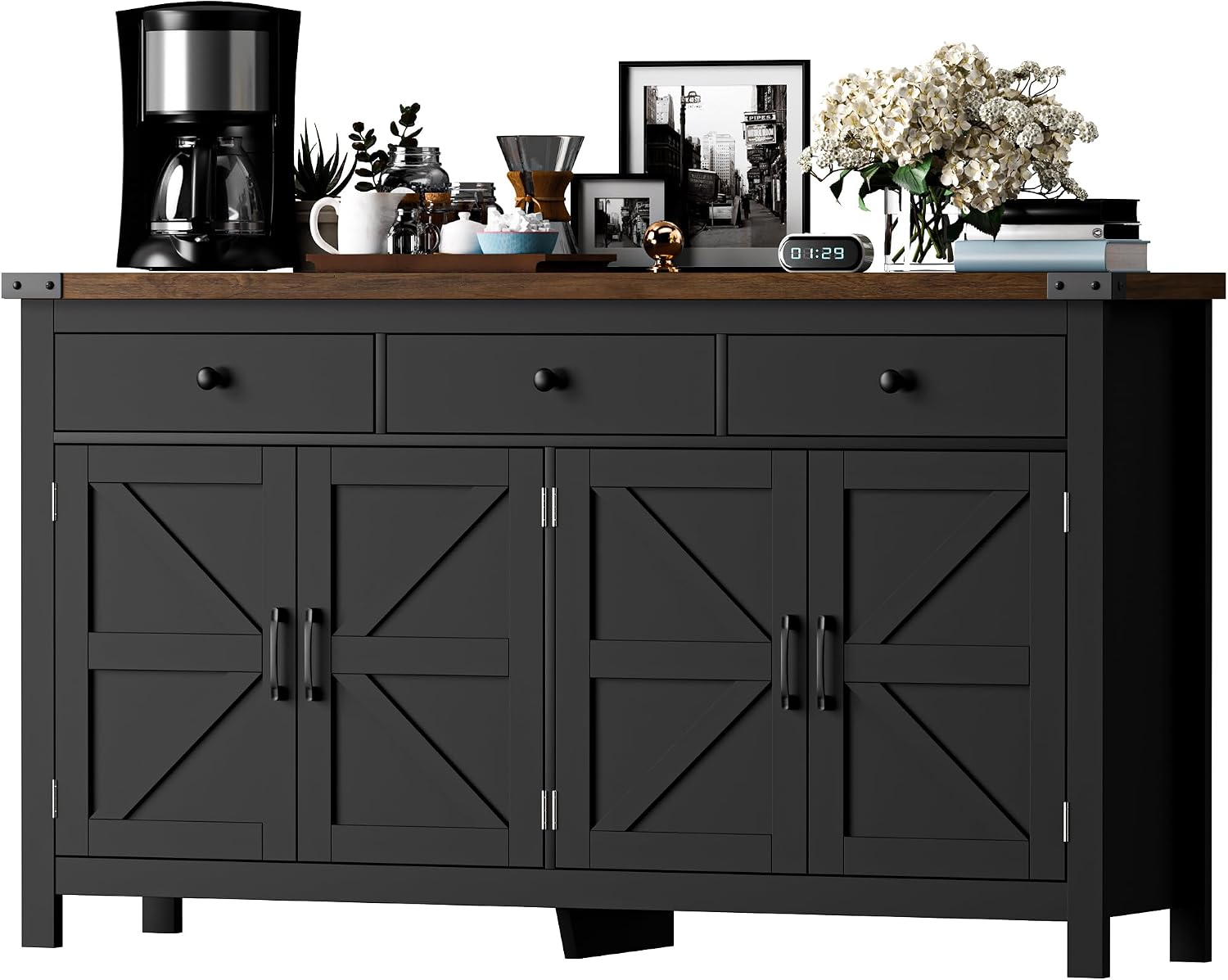 VVFLU 63' Sideboard Buffet Cabinet with Storage, Coffee Bar with 3 Drawers and 4 Barn Doors, Long Wider Storage Cabinet Modern Farmhouse, for Kitchen, Dining Room, Living Room, Black Wood