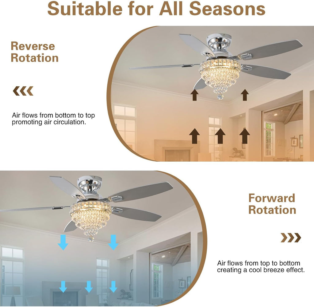 Crystal Ceiling Fan Fandelier with Lights-Ceiling Fans,50' Low Profile and Remote Control, Flush Mount, Reversible, Dimmable, Noiseless,Ceiling Fan for Bedroom（Chrome）