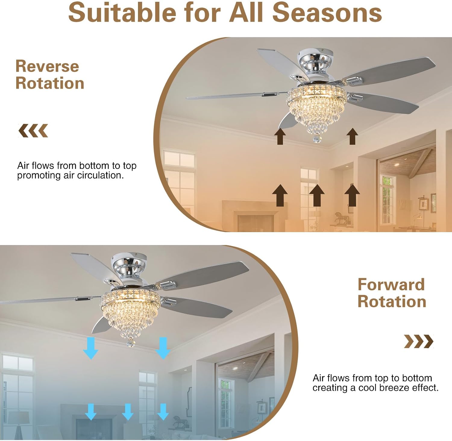 Crystal Ceiling Fan Fandelier with Lights-Ceiling Fans,50' Low Profile and Remote Control, Flush Mount, Reversible, Dimmable, Noiseless,Ceiling Fan for Bedroom（Chrome）
