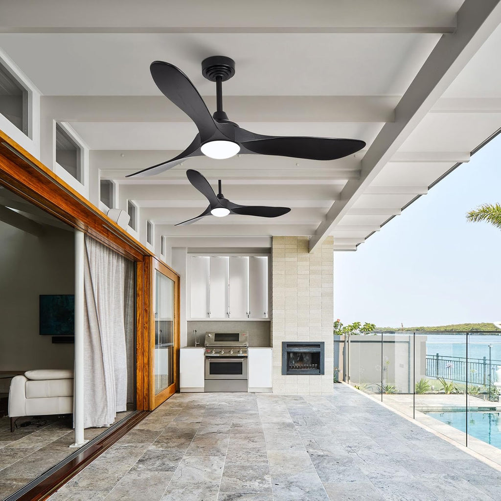 52' Outdoor Ceiling Fan with Light and Remote via WiFi Alexa, 3 Black Solid Wood Blade, Noiseless Reversible Dc Motor, Smart Outdoor Wood Ceiling Fan for Farmhouse Patios, Black