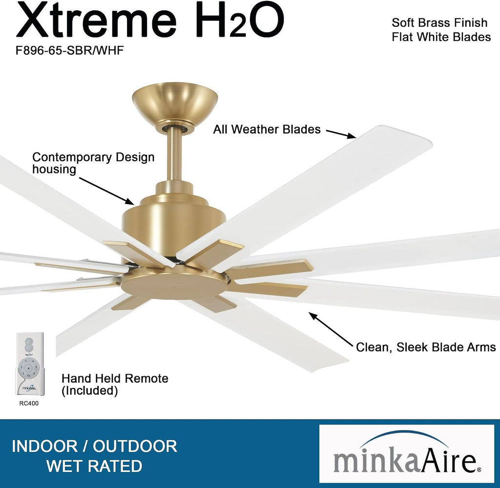 MINKA-AIRE F896-65-SBR/WHF Xtreme H2O 65 Inch DC Motor Outdoor Ceiling Fan with Remote Control in Soft Brass Finish with Flat White Blades