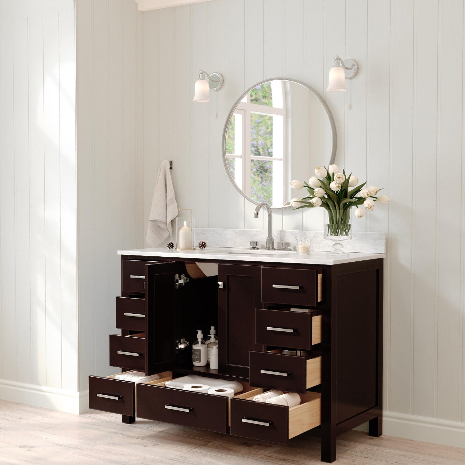 ARIEL Cambridge 48-inch Bathroom Vanity with Sink,Solid Wood, 0.75-inch Italian Carrara Marble Countertop, Single Rectangular Porcelain Sink, 2 Soft Closing Doors, 9 Dovetail Drawers, Espresso