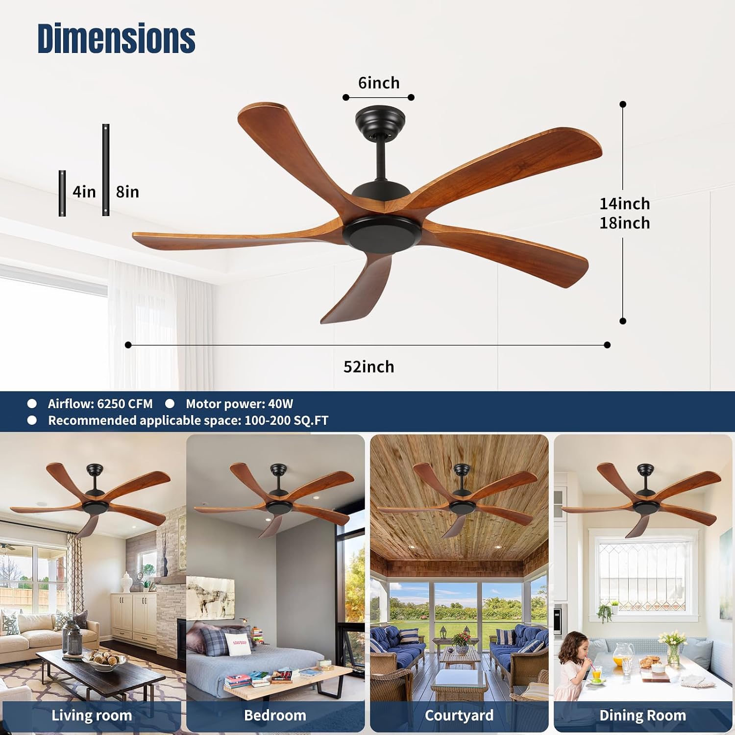 52Inch Ceiling Fan No Light and Remote Control Wood Ceiling Fan Without Light BLDC Reversible Matte Black Outdoor Ceiling Fans for Patio FCC Listed 5*Walnut Blades