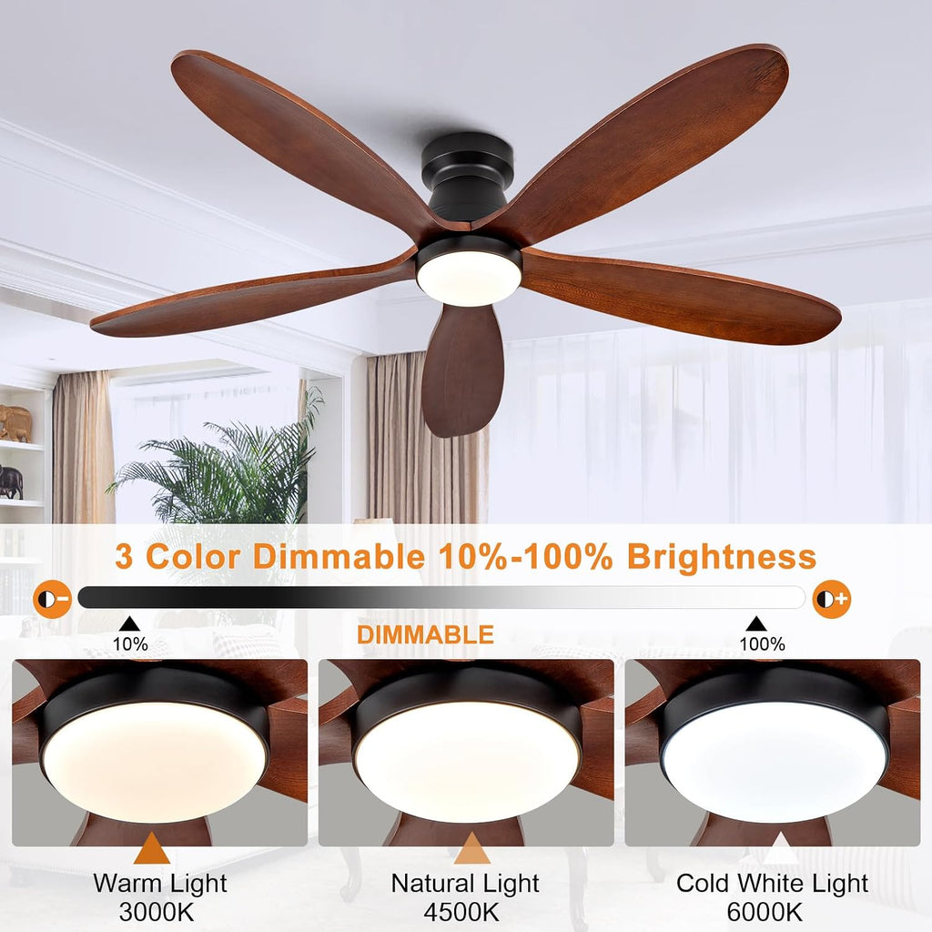 Ceiling Fans with Lights, 52 Inch Low Profile Ceiling Fan with Light and Remote Control, Flush Mount, Reversible, 3CCT, Dimmable, Quiet, Black Small Ceiling Fan for Bedroom Indoor/Outdoor Use