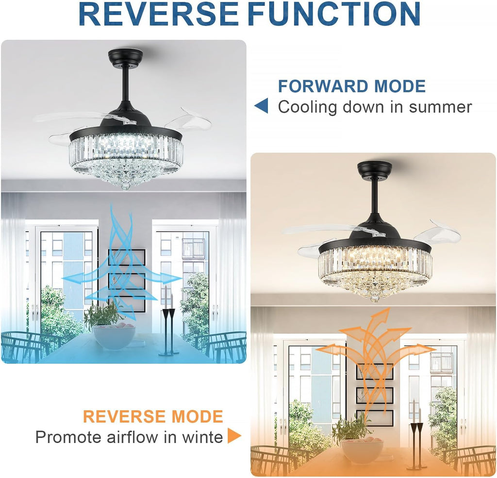 FIDGRA 42'' Fandelier Ceiling Fan with Light, Retractable Chandelier Fan, 3 Color Temperature, 6 Wind Speed, Crystal Ceiling Fan for Bedroom Living Room Dining Room-Black