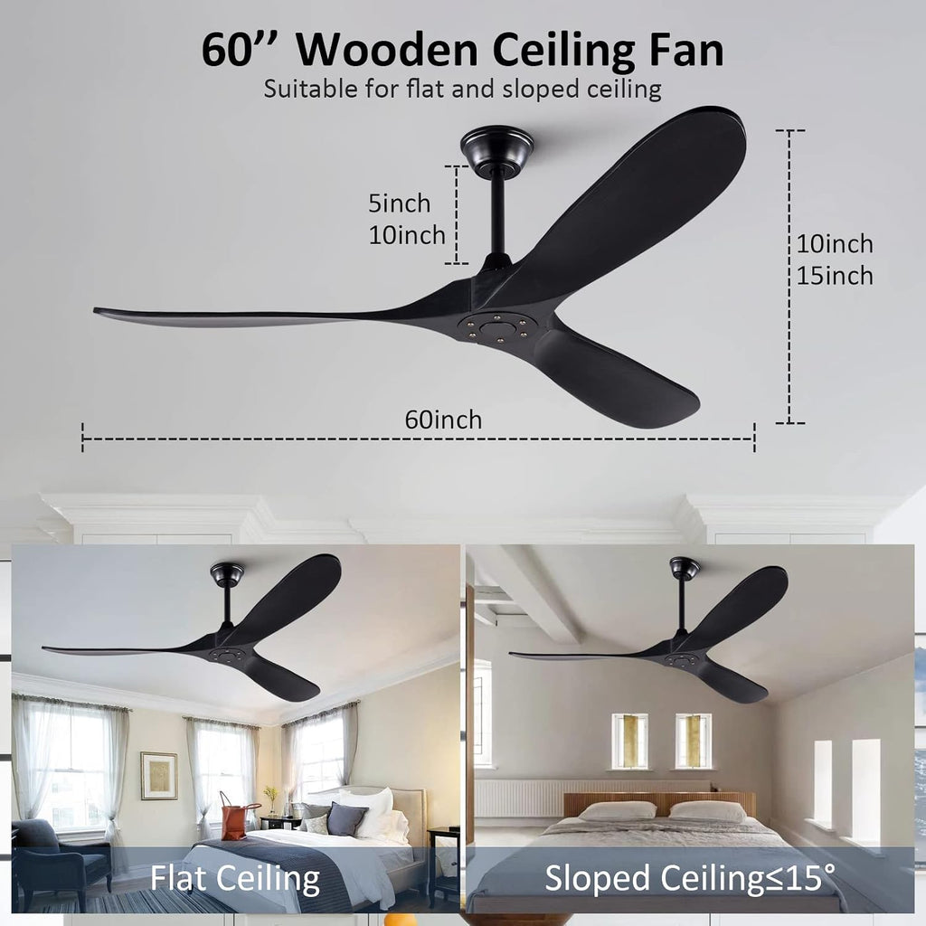KBZZ 60 Inch Ceiling Fan no Light, Solid Wood Ceiling fan with 3 Blades, Remote Control and Reversible DC Motor, Indoor Bedroom Living Room Office Outdoor Ceiling Fans for Patio