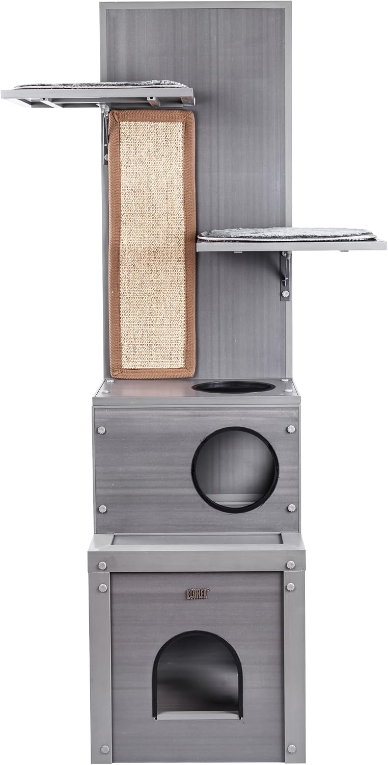New Age Pet ECOFLEX Kitty Climber Cat Tree with 2 Cubes, 2 Shelves, Sisal Scratch Pad, 60' Tall, Moisture and Odor Resistant Indoor Cat Furniture, Grey