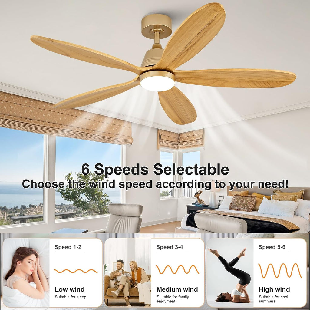 52 Inch Wood Ceiling Fans with Lights and Remote, Modern Outdoor Ceiling Fan with Light for Patio, Wall Switch, Dimmable, 5 Blades, Reversible DC Motor, Memory Function (Gold)