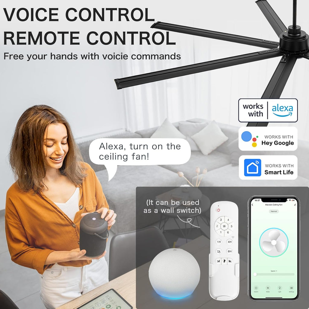 Minislak 96' Industrial & Commercial HVLS 7 Black Aluminum Blades Ceiling Fan with Light and Compatible Alexa,High CFM Brushless Motor,6-Speed,Indoor Outdoor Ceiling Fan for Patio,Garage,Shop,Library