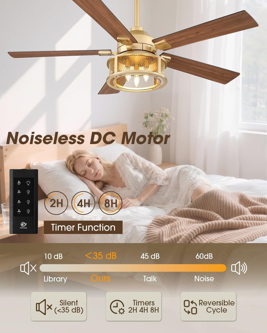 Parrot Uncle 52 Inch Ceiling Fan with Lights and Remote, Rustic Gold Ceiling Fan for Living Room Bedroom, 2 Color Blades, 3 Speeds,3 CCT,Timing and Memory Function(Bulb not included)