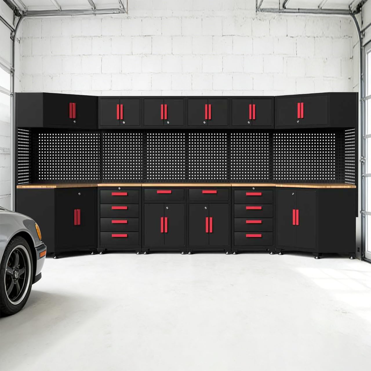 Garage Storage Cabinet System,2Pack Garage Cabinets and Storage System Included Steel Drawers Rolling Chest,Locked Storage Cabinet, Perfect for Organizing Garage and Tools, Red Handle