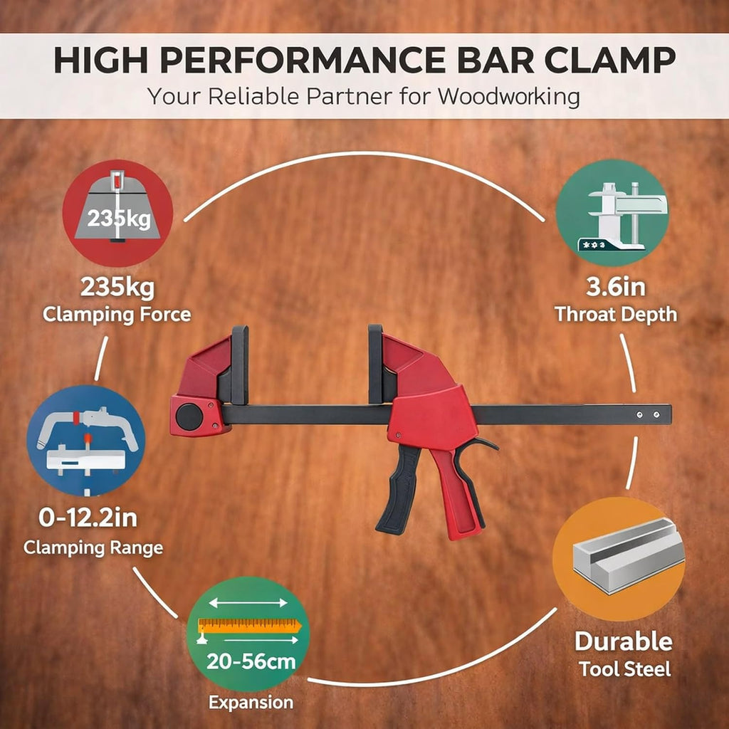 Bar Clamp 12 Inch 310mm Clamping Range, Heavy Duty Wood Bar Clamp, 235kg Pressure Capacity - Fast Change Spreader, Durable Nylon and Steel, Ideal for Woodworking Clamps