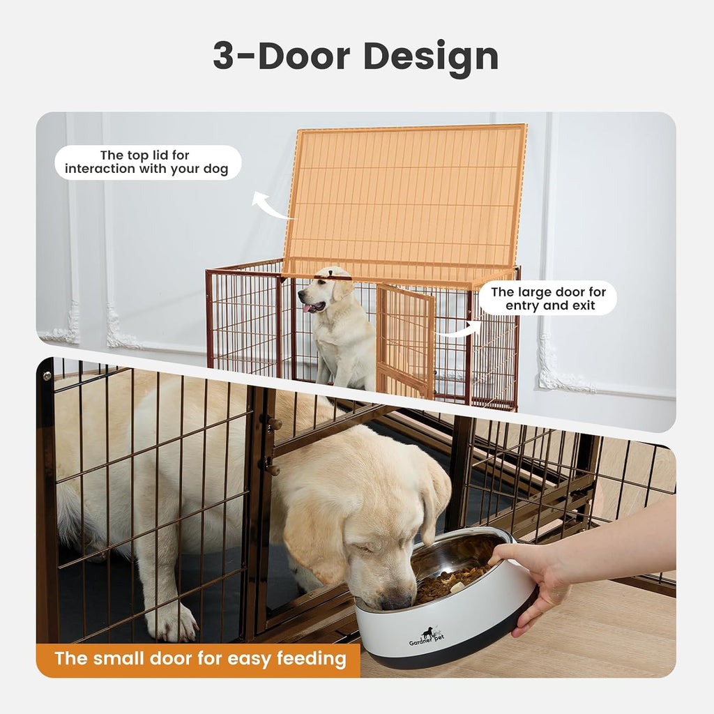 Gardner Pet 43 Inch Heavy Duty Dog Crate with Wheels, Folding Metal Dog Cage for Small/Medium and Large Dogs, Indestructible Dog Crate with Removable Tray (Brown)