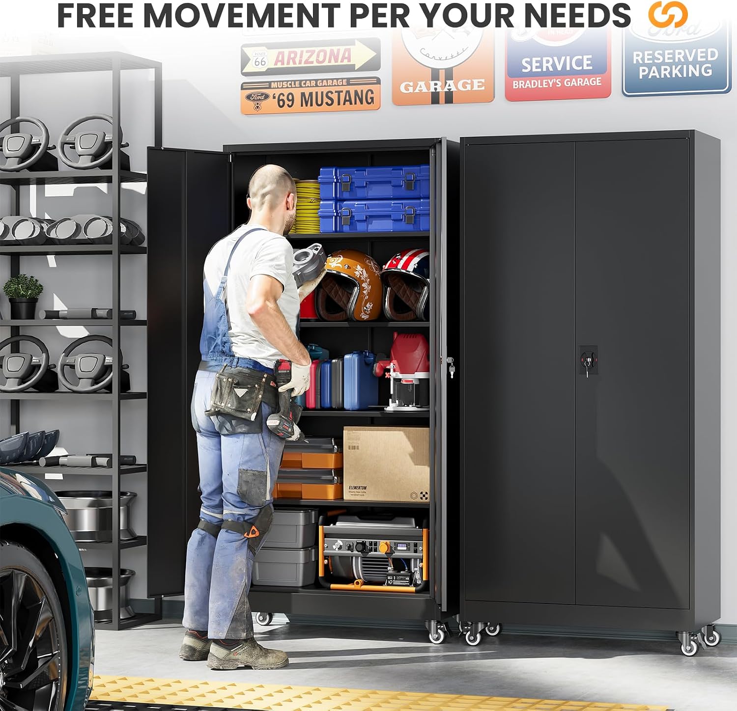 Metal Garage Storage Cabinets with Wheels, Rolling Tool Cabinet with Lock, Locking Garage Caninet on Wheels with Shelves, Steel 2 Door Tall Tool Cabnets for Workshop/Home/Office - (Black 75'H)