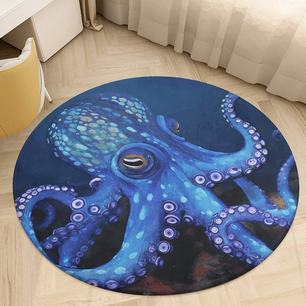 Blue Octopus Coral Velvet Round Floor Mat Non-Slip Bath Rug Floor Covering for Bathroom Vanity Guest Suite & Vacation Home