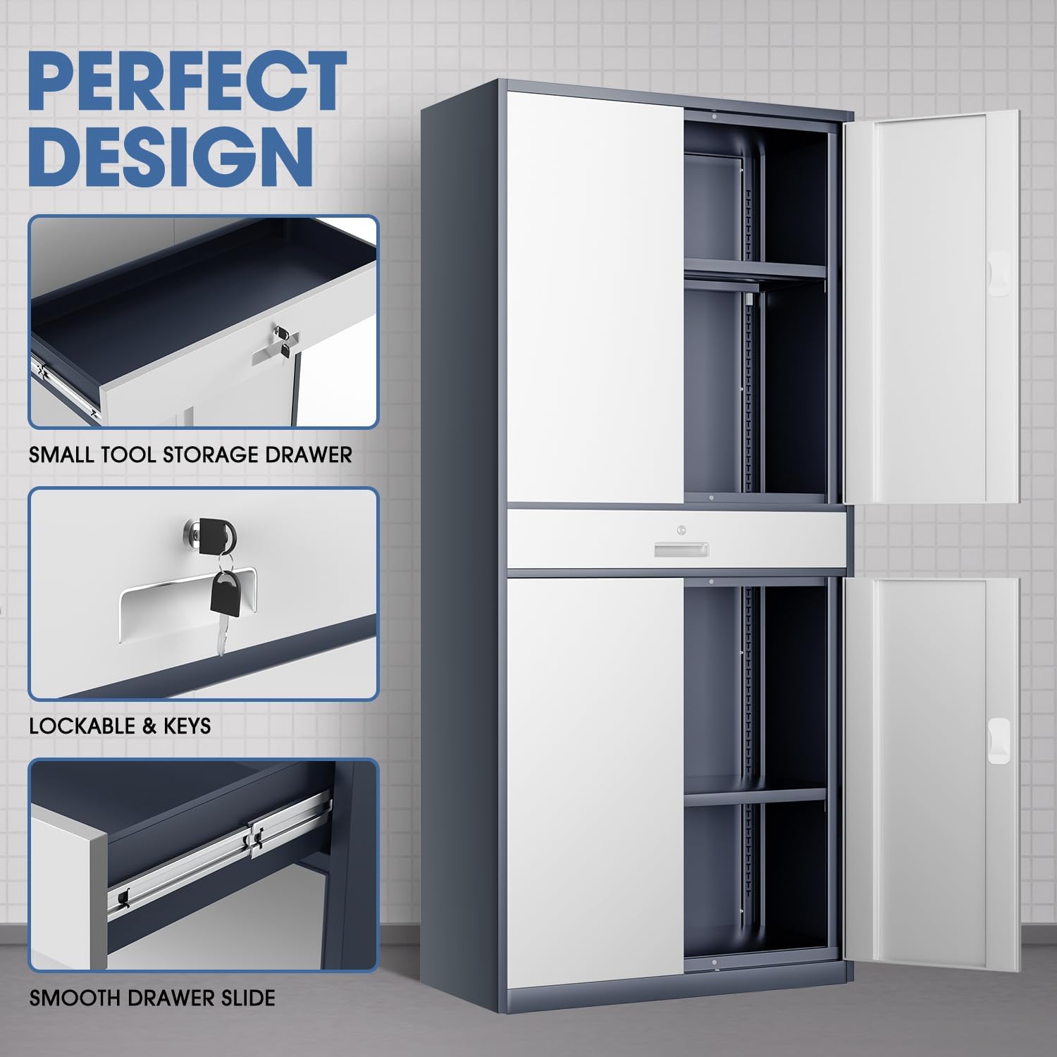 DNA Motoring 71'' Rolling Garage Metal Cabinet with 1 Drawer and Adjustable Shelves, Heavy Duty Utility Lockable Cabinet for Garage, Office, Home, Gym, Gray White, TOOLS-00629-GY-WH