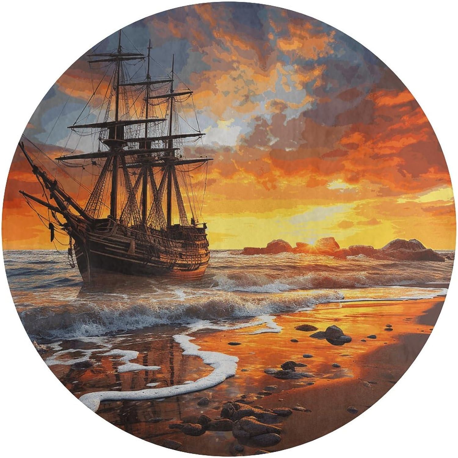 Pirate Ship in The Sunset Coral Velvet Round Floor Mat Non-Slip Bath Rug Floor Covering for Bathroom Vanity Guest Suite & Vacation Home