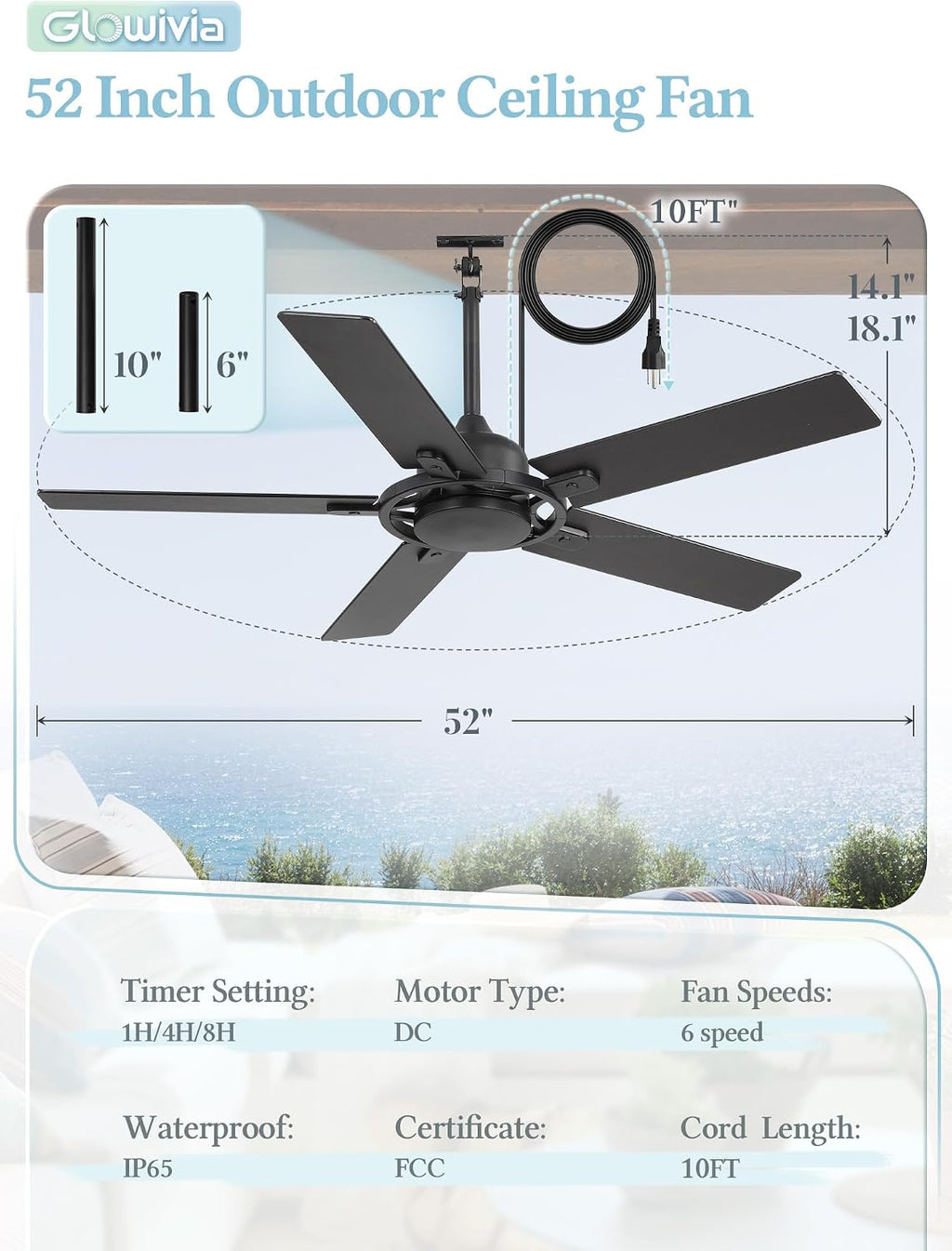 52 Inch Outdoor Ceiling Fan without Light, Waterproof IP65 Wet-Rated, Plug-in Black Ceiling Fan No Light, Remote Control with 6-Speed DC Motor, Hanging Fans with Cord for Patio Porch Gazebo