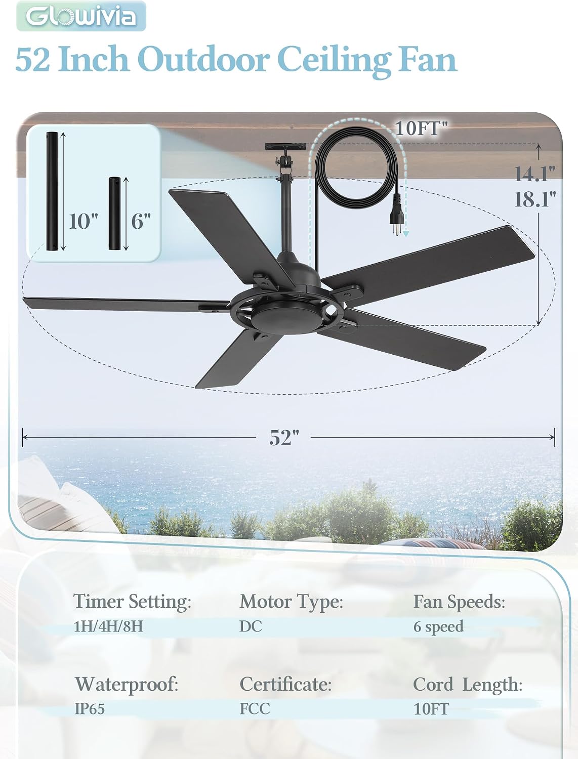 52 Inch Outdoor Ceiling Fan without Light, Waterproof IP65 Wet-Rated, Plug-in Black Ceiling Fan No Light, Remote Control with 6-Speed DC Motor, Hanging Fans with Cord for Patio Porch Gazebo