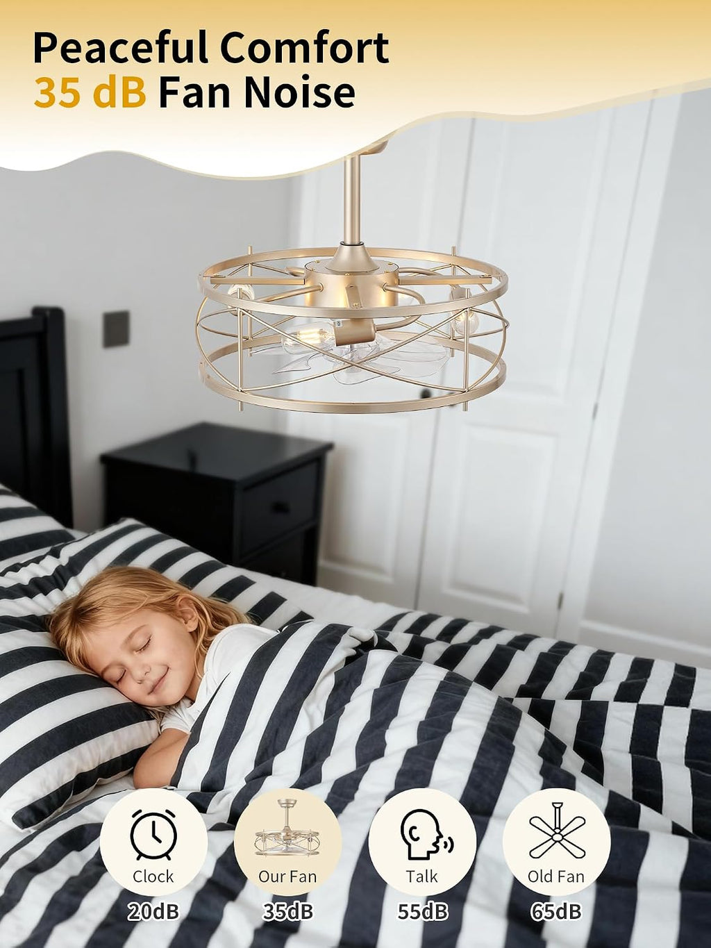 20' Farmhouse Fandelier Ceiling Fan with Light, Caged Bladeless Ceiling Fans with Lights and Remote, Rustic Small Enclosed with 6 Speeds for Bedroom, Kitchen, Living Room, Gold