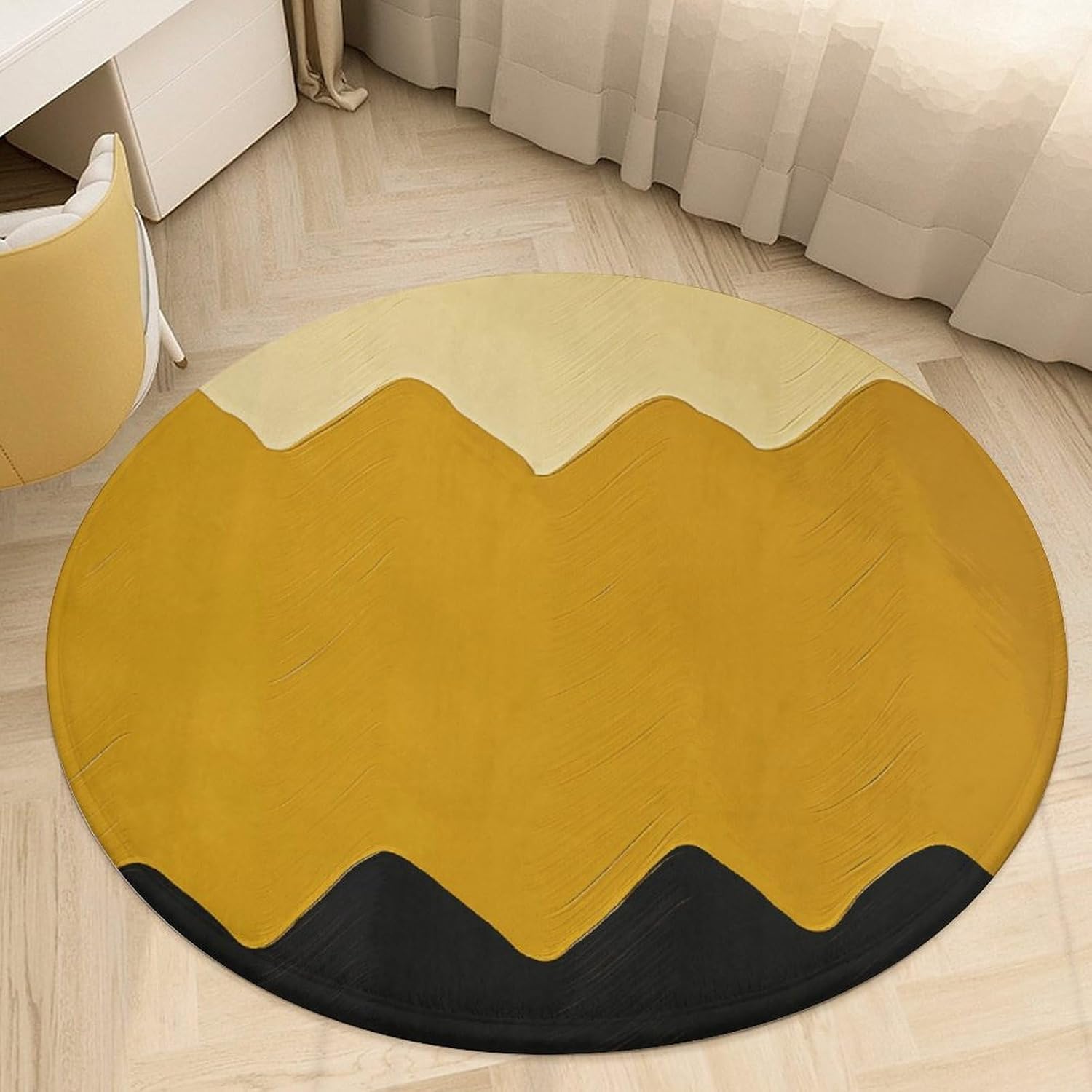 Mustard Yellow and Black Coral Velvet Round Floor Mat Non-Slip Bath Rug Floor Covering for Bathroom Vanity Guest Suite & Vacation Home