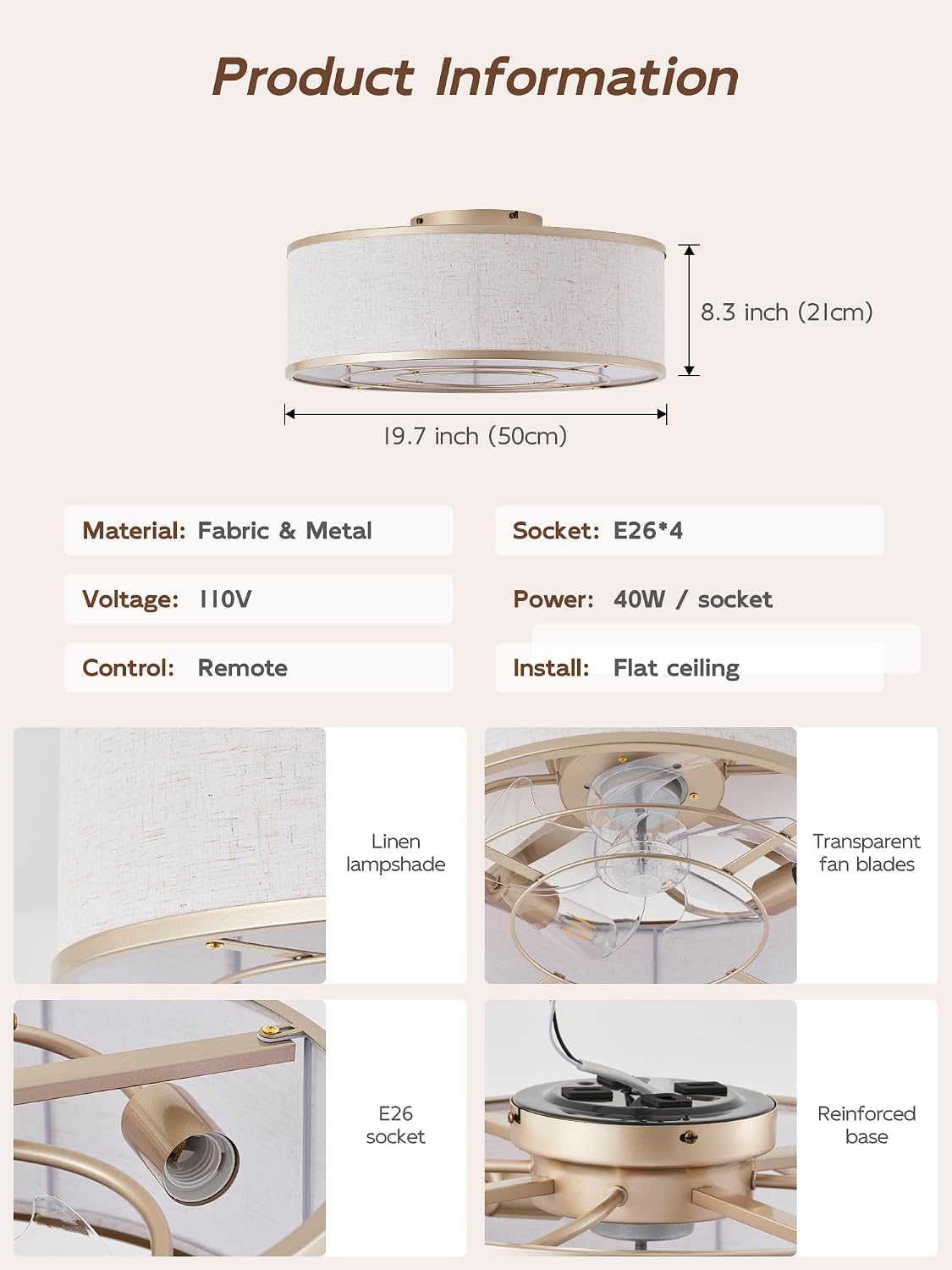 Gold Flush Mount Ceiling Fans with Lights, 20' Caged Boho Ceiling Fan with Light and Remote, Bladeless with 6 Speeds for Bedroom, Nursery, Living Room